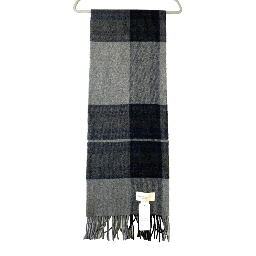 NWT Italian Woollen Treasures 100% Wool Scarf Fringe Gray Plaid 11" X 70"